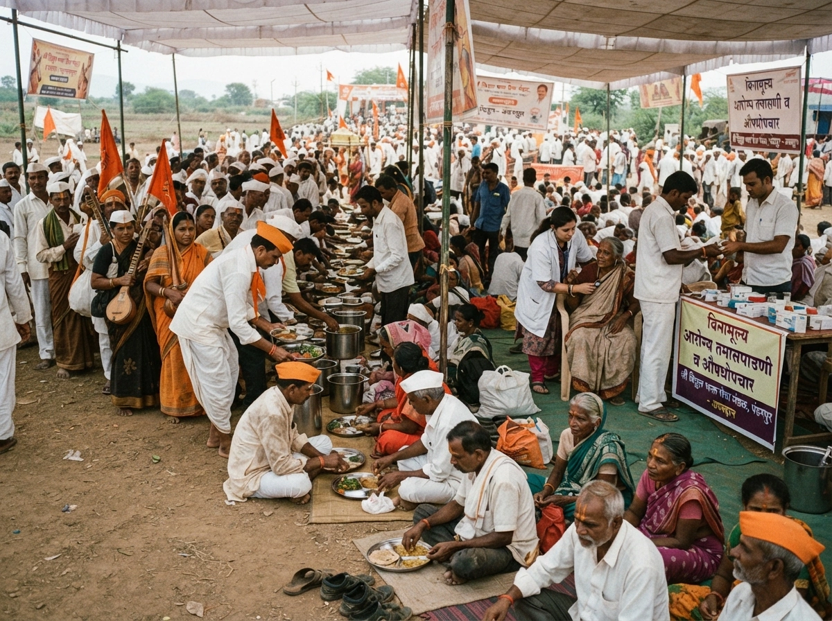 Warkari Seva Camp volunteers assisting elderly pilgrims